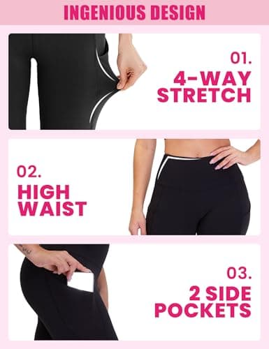 Showitty 3 Pack Workout Leggings with Pockets for Women, Black Compression Tummy Control Yoga Pants for Gym - Thumbnail 2