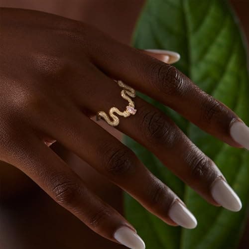 Valloey Rover Gold Rings for Women 14K Gold Plated Engagement Rings Pink Cubic Zirconia Fake Wedding Rings for Women Two Snake V Shaped CZ Rings Gold Jewelry Size 6 - Thumbnail 2