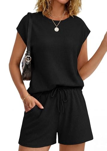 KIRUNDO 2 Piece Sets For Women 2026 Summer Waffle Knit Cap Sleeve Lounge Set Casual Travel Vacation Outfits With Shorts(Black, Medium)