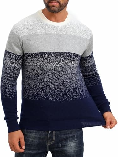 ALLOVIN Men’s Gradient Stripe Knit Sweater – Slim Fit, Soft Wool Blend, Warm & Stylish for Fall Winter | White Blue | Large - Thumbnail 2