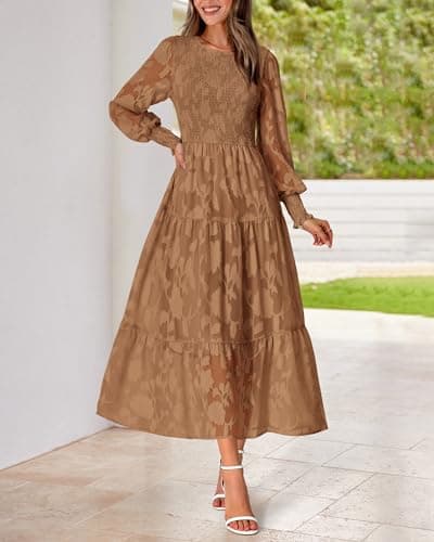 BTFBM Wedding Guest Dresses for Women Fall Fashion 2025 Casual Long Sleeve Floral Maxi Boho Homecoming Dress(Coffee,XX-Large) - Thumbnail 6