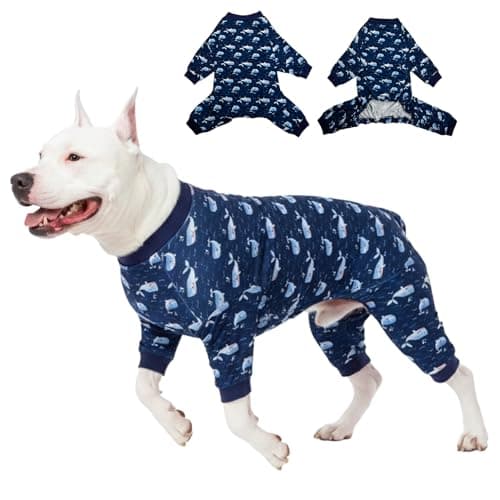 LovinPet Large Dog Outfit, Dog Onesie for Surgery, Large Breed Dog Pajamas, Lightweight Navy Whale Print, Pet Pajamas for Dogs, UV Protection Shirt for Dogs, Pitbull Clothes,Blue, XL - Image 1