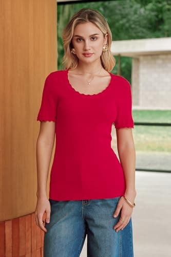 Arach&Cloz Women's 2026 100% Cotton Spring Summer Tops Scoop Neck Short Sleeve Sweater Shirts Pullover Lightweight Soft Cozy Slim Fit Stretchy Business Casual Outfits Work Clothes Trendy Red M - Thumbnail 6