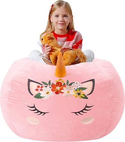 Aubliss Stuffed Animal Storage Bean Bag Chair Cover for Kids,X-Large Velvet Extra Soft Zipper Beanbag for Organizing Toddler and Kids' Rooms Plush Toys,Bean Bag Chair Cover Only,Unicorn Pink Floral - Image 1