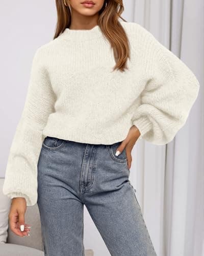 BTFBM Sweaters for Women Fall 2026 Crew Neck Lantern Long Sleeve Oversized Sweater Casual Knit Winter Pullover Tops(White, X-Large) - Thumbnail 5