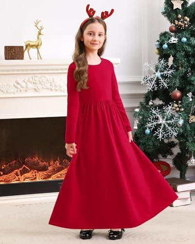 Stelle Girls Maxi Dress Long Sleeve Crew Neck Casual Dresses Fall Flowy Dress with Pockets Party Holiday Outfits Red - Thumbnail 2