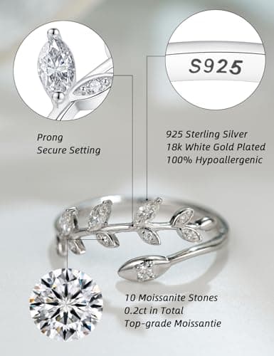 IMOLOVE Moissanite Wedding Bands for Women, 0.2 Carat Simple Moissanite Eternity Adjustable Rings for Women Trendy Elegant Stackable Leaf Rings with 18K White Gold Plated Size 5 - Thumbnail 2