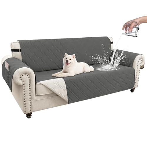 Eusalioy 100% Waterproof Couch Cover for Dogs, Washable Anti-Slip Sofa Cover with Elastic Straps & Side Pockets, Quilted Furniture Protector for Kids & Pets (3 Cushion 68", Dark Grey)