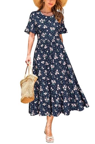 STYLEWORD Women's 2026 Summer Casual Short Sleeve Crewneck Boho Dress Flowy Maxi Maxi Beach Vacation Spring Hawaiian Dresses(Floral32,XL) - Image 1