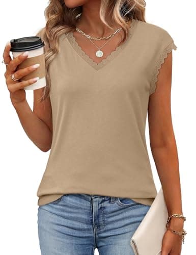 JUSTFASHIONNOW Cap Sleeve T Shirts for Women Lace Trim V Neck Tops Dressy Casual Blouses Cute Summer Tank Tops Spring Clothes(Khaki,Medium) - Thumbnail 2