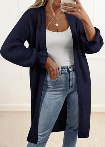 KIRUNDO Long Cardigan Sweaters for Women 2026 Spring Casual Oversized Ruffle Long Sleeve Open Front Chunky Knit Sweater Coats(Navy Blue, Small) - Thumbnail 4