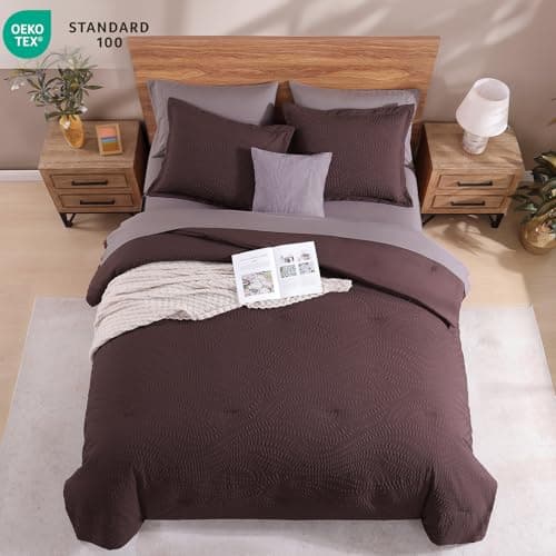 Geniospin Full Size Comforter Set - 7 Pieces Purple Bedding Set, Botanical Textured Comforter Set, All Season Comfortable Bed in a Bag with Comforter, Sheets, Pillowcases & Shams - Thumbnail 4