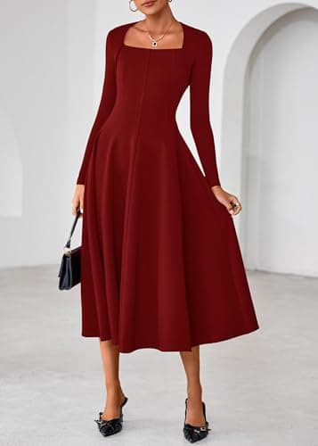 Lazysmile Long Sleeve Fall Dresses for Women Square Neck A Line Flowy Casual Elegant Wedding Guest Party Maxi Dress Wine Red - Thumbnail 3