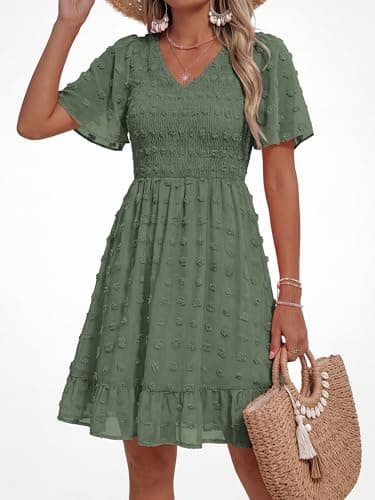BTFBM Womens Beach Vacation Dress Summer 2026 V Neck Short Sleeve Smocked Swiss Dot Ruffle Casual Spring Mini Dresses(Army Green, X-Large) - Thumbnail 6