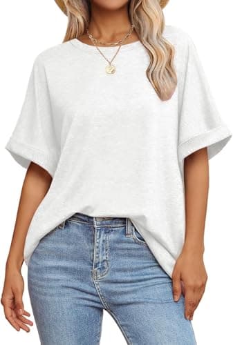 GKBK Womens Oversized T Shirts Crew Neck Short Sleeve Tops Spring Summer Business Dressy Casual Loose Fit Workout Work Basic Tee Blouse 2026 Beach Plus Size Trendy Fashion Clothes Outfit White M - Image 1