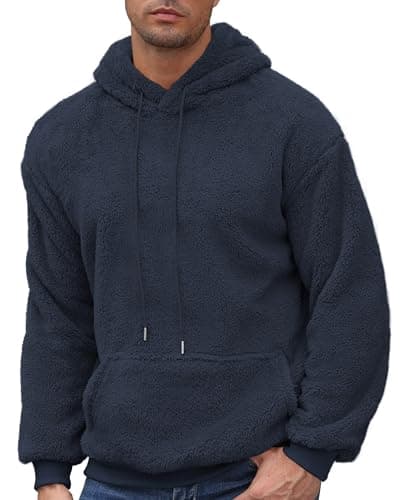 Aimeilgot Mens Sweatshirts Hoodie Pullover Fuzzy Sherpa Soft Lightweight Fleece Hooded Outwear Long Sleeve Regular with Pocket Navy Blue, Large - Thumbnail 2