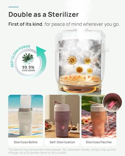 Papablic Portable Bottle Warmer Pro for Travel – Fast Heating, Built-in Sterilizer, 30W Fast Charge, 5-Temp Control, Easy-Clean Wide Mouth, Baby Milk Warmer for Breastmilk & Formula, Lilac Purple - Thumbnail 4