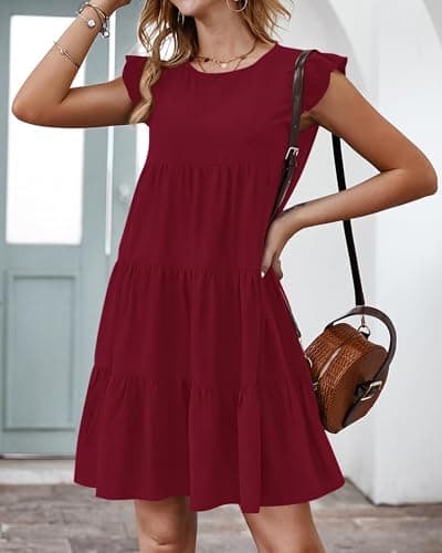 KIRUNDO Wedding Guest Dresses for Women Short Summer Sleeveless Ruffle Sleeve Round Neck Loose Short Flowy Pleated Tiered Mini Dress(Wine Red, Small) - Thumbnail 3
