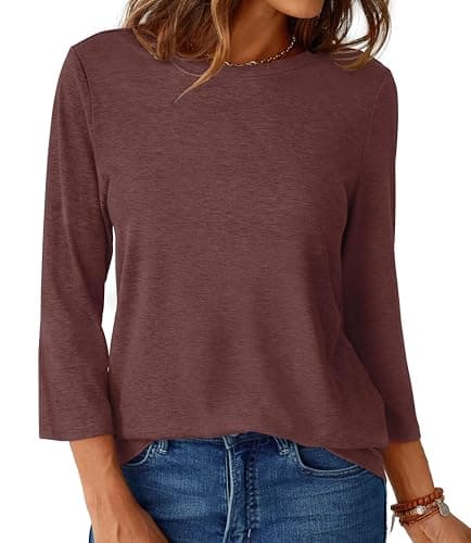 GKBK Womens Tops 3/4 Sleeve Shirts Round Neck Casual Blouses Basic Loose Fit Pullover Tshirts Wine Red XL - Thumbnail 5