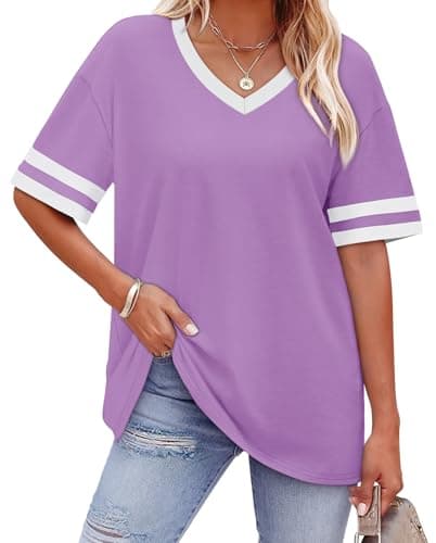 WIHOLL Women Tops Trendy Short Sleeve Shirts 2026 Plus Size Blouses for Women Dressy Casual Fashion Clothing Beach Vacation Clothes Cruise Outfits Sports Style Color Block Tee Purple 3XL - Image 1