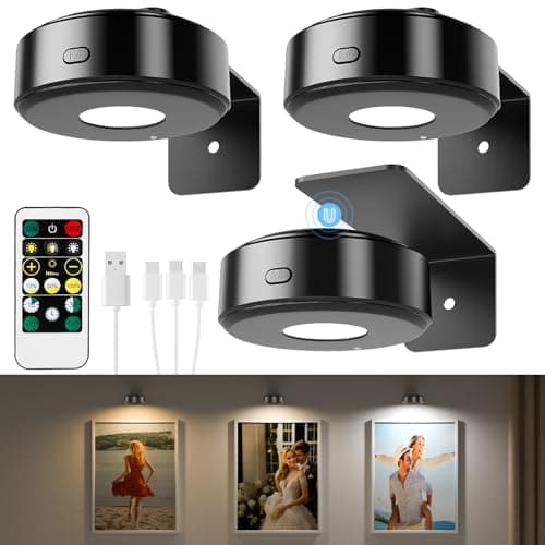 3PCS Picture Lights, Rechargeable Battery Wall Light for Paintings, 3 Colors Paintings Light Dimmable and Timer Metal Art Light for Display, Wall, Artwork, Gallery (Black) - Image 1