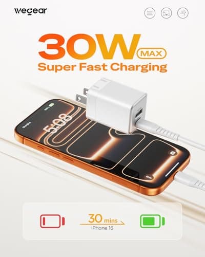 wegear 30W USB C Fast Charger, Dual Port USB C Wall Charger with Foldable Plug for iPhone 16/15/14, Samsung S24, iPad, 40% Smaller & Safer Nano Charger Block, (White, 2 Pack) - Thumbnail 2