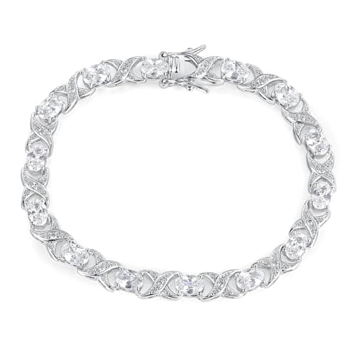 Gemsme Oval Tennis Bracelets for Women, Silver Tennis Bracelet with 4x6mm Oval Cubic Zirconia, 18K White Gold Plated X-Shape Classic Diamond Tennis Bracelet for Women/Men - Size 6 inch - Image 1
