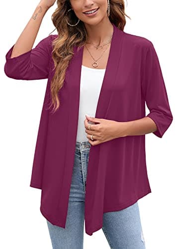 Heymoments Cardigan for Women Purple Red Large Draped Open-Front 3/4 Sleeve Lightweight Casual Soft Drape Summer Fall Kimonos Cardigans - Image 1