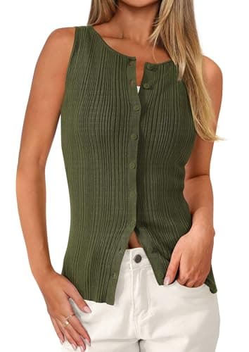 PRETTYGARDEN Ribbed Tank Tops for Women Summer 2026 Button Down Sleeveless Shirts Y2K Fashion Clothing Going Out Vest Top(Army Green,Medium) - Image 1