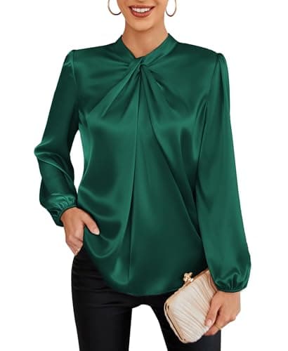 Women 2024 Fall Fashion Blouses Tops Casual Long Lantern Sleeve Satin Slim Fit Shirts Dark Green S - Image 1