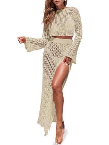 Saodimallsu Womens Crochet Beach Cover Ups Set 2 Piece 2026 Boat Neck Crop Long Sleeve Tops High Slit Maxi Skirt Sets Beige - Image 1