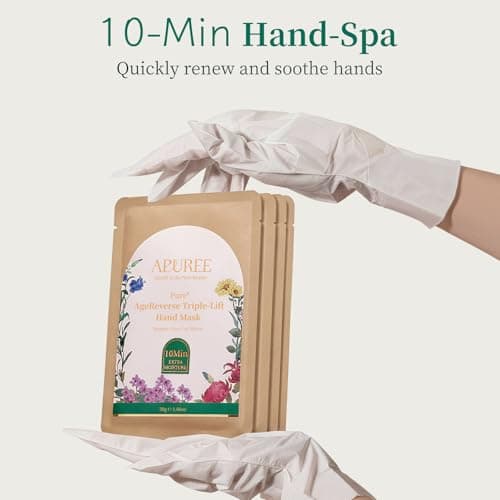 APUREE Anti Aging Hand Mask Gloves: 10-Minute Repair& Extra Moisture (5 * 30g)| for Severely Dry & Cracked Hands | Luxury Home SPA & 7 Peptides Collagen| All Skin Types| Vegan & Cruelty Free - Thumbnail 6