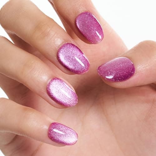 GLAMERMAID Press on Nails Short Oval, Light Purple Cat Eyes Handmade Fall Gel Glue on Nails, 24Pcs Glossy Round Reusable UV Finish Fake Nails Acrylic False Nails Manicure Kits for Women - Thumbnail 5
