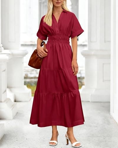 BTFBM Wedding Guest Dresses for Women Beach Fashion Casual Short Sleeve V Neck Solid Spring Summer Boho Maxi Dress (Wine Red,Medium) - Thumbnail 3