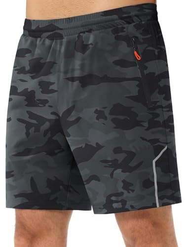 3rd hill Men's 7 inch Running Shorts with Zipper Pockets Quick Dry Athletic Gym Workout Shorts Lightweight Grey Camo L