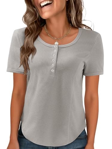 Bellcoco Women's Waffle Knit Tops Short Sleeve Button Henley Shirts Business Casual Blouses Lightweight Summer Top 2026 Grey S - Image 1