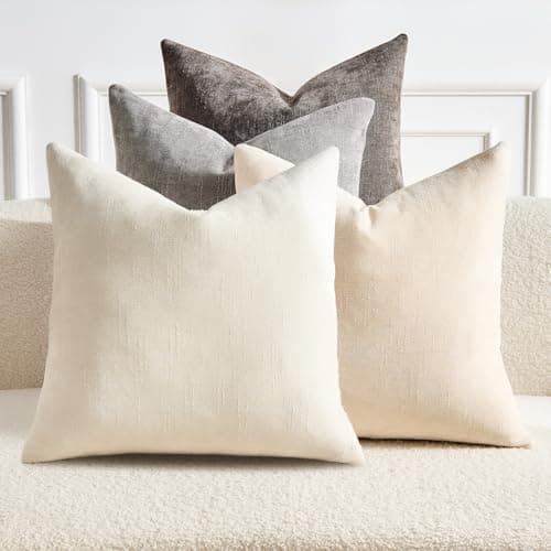 GriNeed Pack of 4 Throw Pillow Covers 22x22 Inch Chenille Textured Neutral Grey Soft Pillow Covers Solid Decorative Farmhouse Cushion Covers Home Boho Decor for Couch Sofa Bed Living Room - Image 1