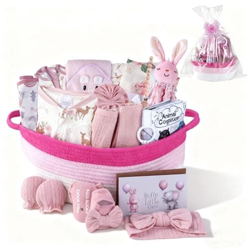 Budyvayi 22-Pcs Baby Girl Gift Basket Set, Pink (0-12M Newborn) | Premium Baby Shower Gifts for Girls: Newborn Essentials Set in Woven Basket with Balloon & Bow, Ultimate Welcome Baby Package - Image 1