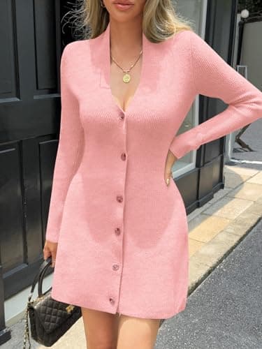 Wenrine Womens Deep V Neck Sweater Dress Sexy Knit Button Down Long Sleeve A Line Fall Mini Dresses Pink - Thumbnail 2