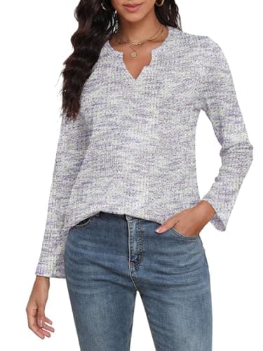 COCOMARTS Womens Waffle Knit V Neck Tops Long Sleeve Henley Shirts Casual Blouses Fall Winter Outfits 2025 Trendy Clothes Purple White Medium