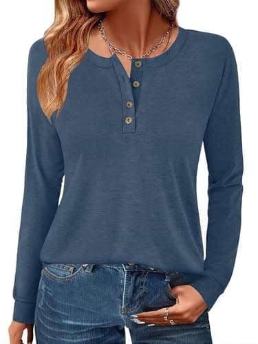 GKBK Womens Henley Tops Long Sleeve Shirts Button Pullover Loose Fit Henley Neck Lightweight Tunic Blouse Grey Blue XXL - Image 1