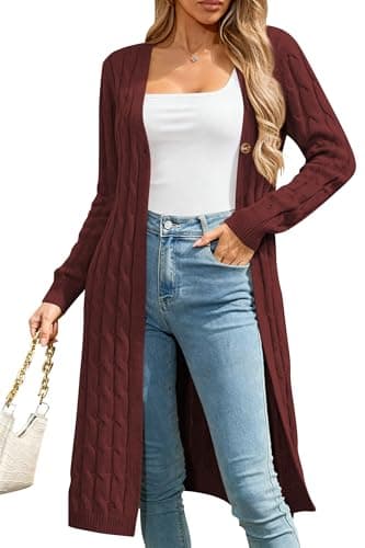 Cakulo Womens Long Cardigans Cable Knit Chunky Cardigan Sweaters Open Front Fall Winter Fashion Outfits Coats 2025 Ruby S - Image 1