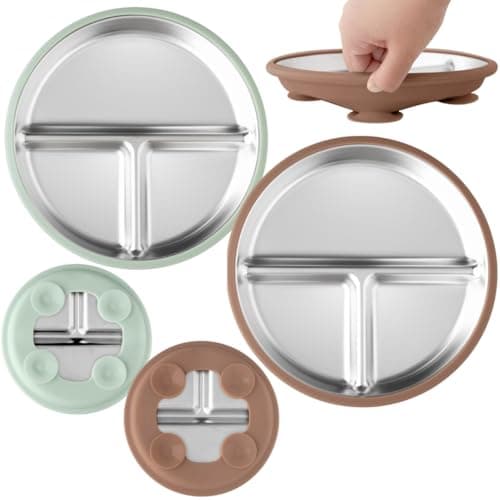 TOTS GROUND Stainless Steel Baby & Toddler Plate with Suction, Set of 2 Divided Plates with Removable Silicone Sleeves, Non Toxic BPA Free Non-Slip Unbreakable Kids Dishes (Mocha Mousse & Sage Green) - Image 1