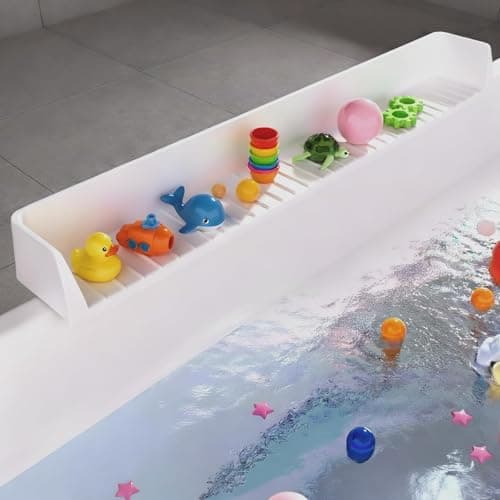 Funnydin Splash Guard for Bathtub - 2.6FT Bathtub Splash Guard for Tub Kids with 11 Suction Cups, Bath tub Play Shelf & Toy Holder, Prevents Water Spills No-Leak, Easy to Clean, Light Grey - Image 1