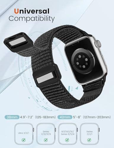 Crodi 2 Packs Nylon Loop Sport Bands Compatible with Apple Watch Band 38/40/41/42mm Women Men, Strong Magnetic Adjustable Straps for iWatch Series 11 10 9 8 7 6 5 4 SE/Ultra 3 2 1, Black&Starlight - Thumbnail 5