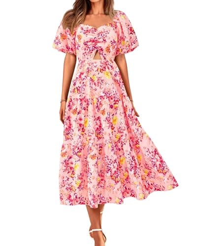 BTFBM Summer Dresses for Women 2026 Spring Outfits Beach Vacation Short Sleeve Smocked Boho Casual Floral Maxi Dress(Floral Pink Red, Medium) - Image 1
