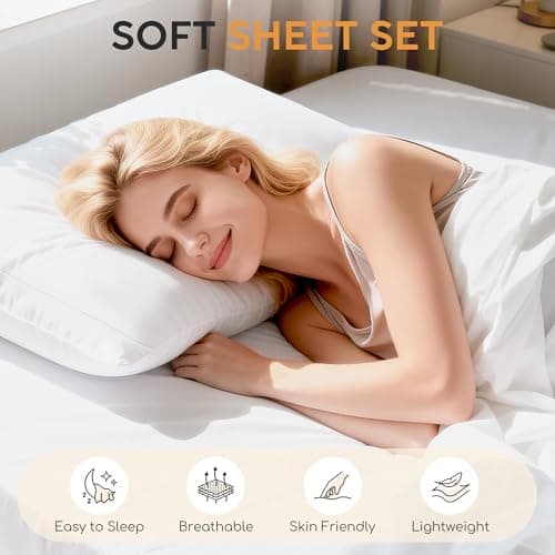 Tokokimo Washed Cotton-Linen Feel 4-Piece Queen Size Sheet Set for Busy Lifestyles – 10-16" Deep Pocket Bed Sheets with Natural Wrinkles, Quick-Dry, Breathable, Soft, White - Thumbnail 2