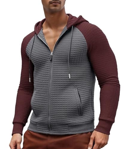 Men's Lightweight Waffle Knit Jacket Zip Up Long Sleeve Casual Plaid Jacquard Sweatshirt Warm Hoodie with Pocket - Image 1