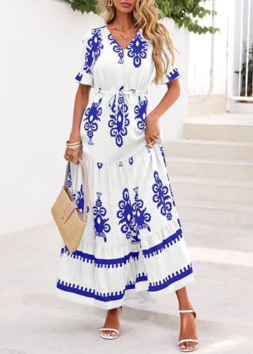 Lazysmile Summer Dresses for Women Short Sleeve V Neck Floral Drawstring Flowy A Line Boho Maxi Dress with Pockets White - Thumbnail 4