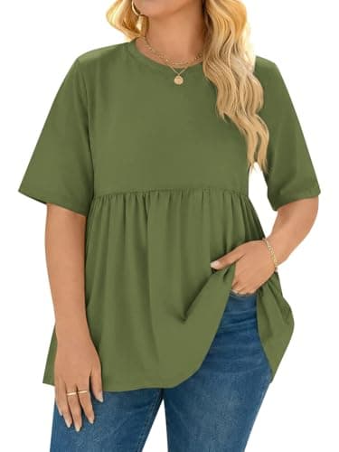 Beautife Womens Plus Size Summer Babydoll Tops Short Sleeve Crew Neck T Shirts Peplum Casual Loose Fit Blouse Army Green - Image 1